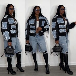 Distressed Denim Patch Bomber Jacket - Black/Light Blue